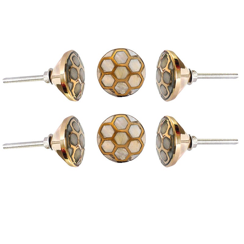 Perilla Home Set of 6 Knobs for Cabinet & Drawers Mother of Pearl Brass Knobs Decorative Vintage Knobs for Home Kitchen Cabinet Hardware Cupboard Door Dresser Wardrobe & Drawer Pulls (Design-3) - Image 1